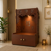 Ek-onkar Holy Symbol Floor Temple with Spacious Wooden Shelf & Inbuilt Focus Light- Brown Finish