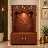 Ek-onkar Holy Symbol Floor Temple with Spacious Wooden Shelf & Inbuilt Focus Light- Brown Finish