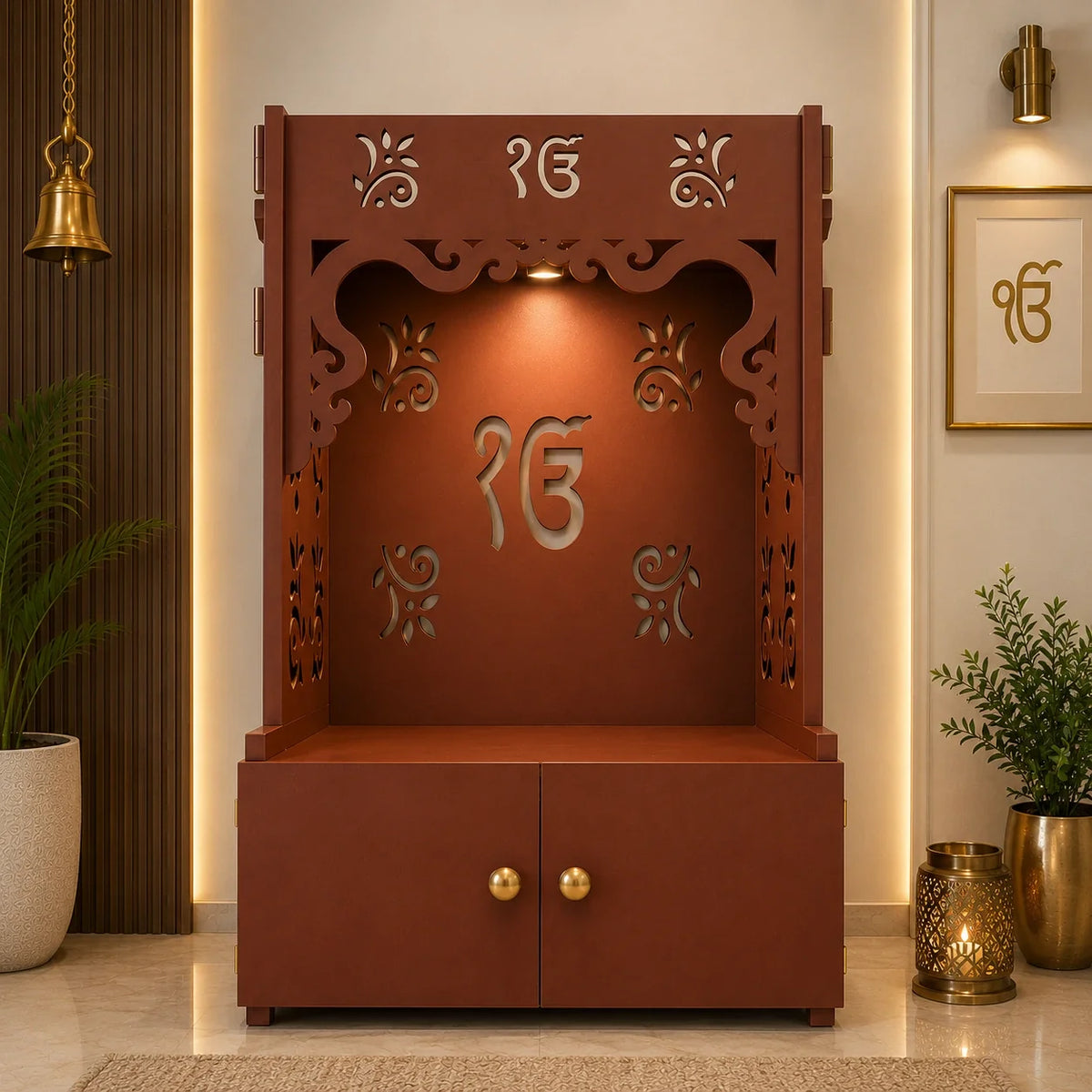 Ek-onkar Holy Symbol Floor Temple with Spacious Wooden Shelf & Inbuilt Focus Light- Brown Finish
