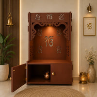 Ek-onkar Holy Symbol Floor Temple with Spacious Wooden Shelf & Inbuilt Focus Light- Brown Finish