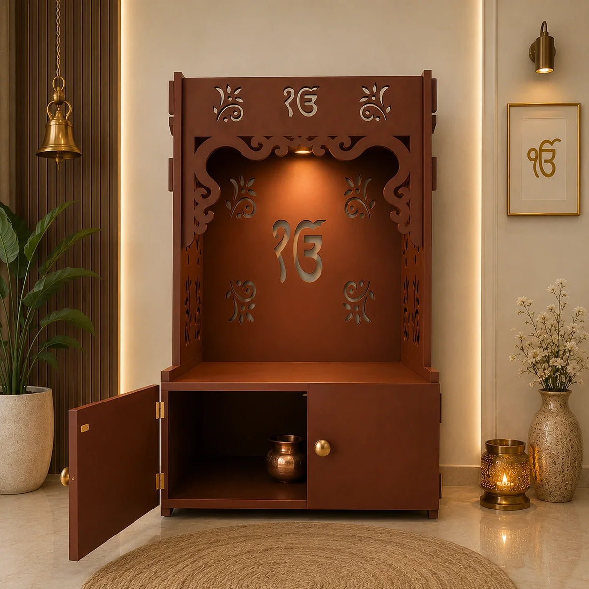 Ek-onkar Holy Symbol Floor Temple with Spacious Wooden Shelf & Inbuilt Focus Light- Brown Finish