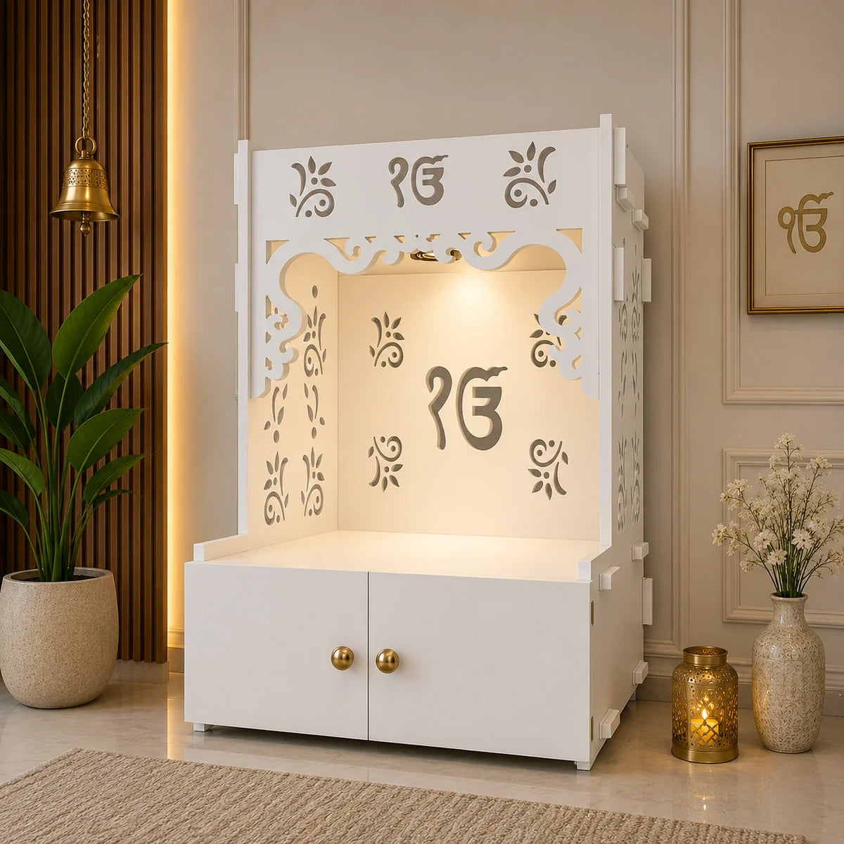 Ek-onkar Holy Symbol Floor Temple with Spacious Wooden Shelf & Inbuilt Focus Light- White Finish