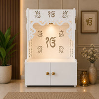 Ek-onkar Holy Symbol Floor Temple with Spacious Wooden Shelf & Inbuilt Focus Light- White Finish