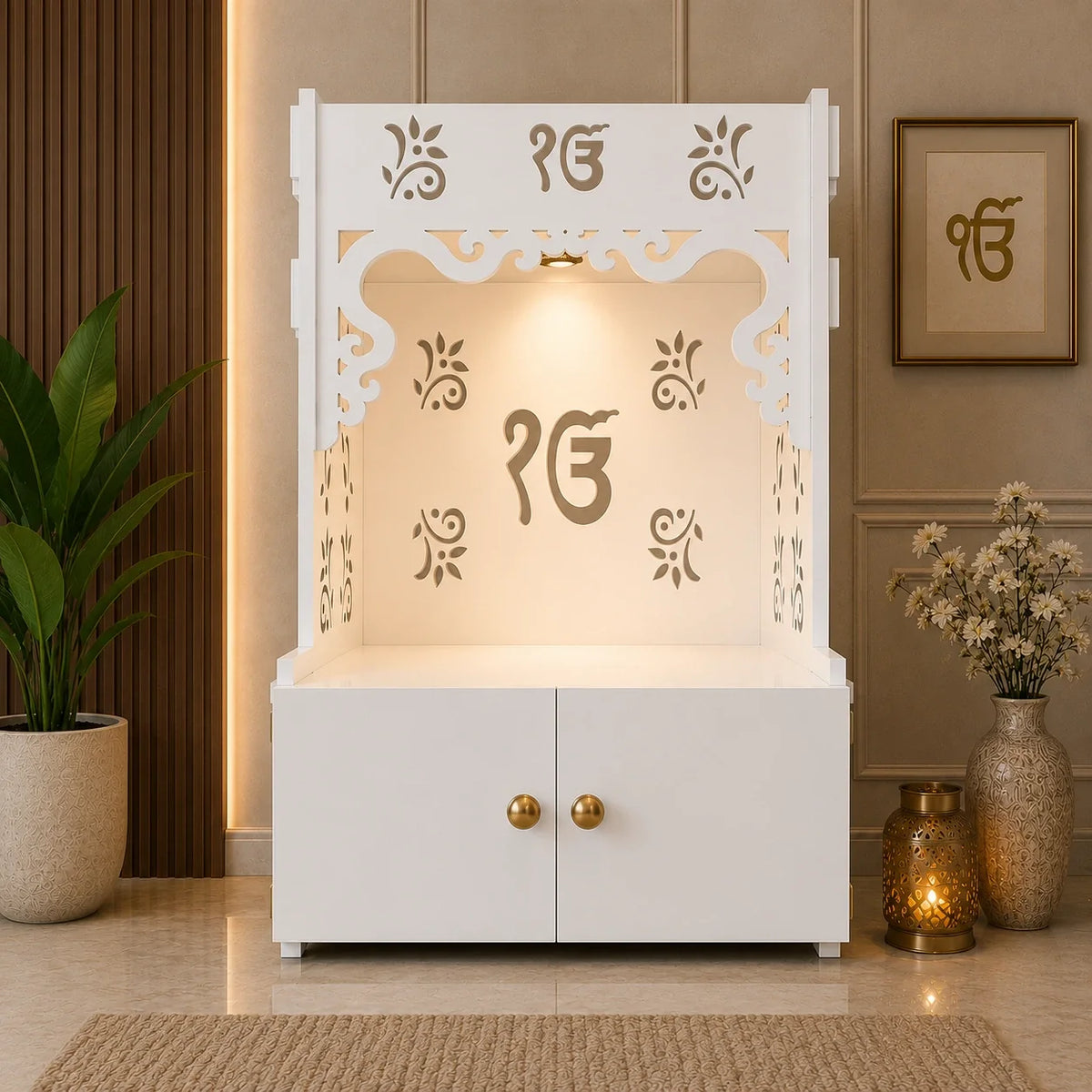 Ek-onkar Holy Symbol Floor Temple with Spacious Wooden Shelf & Inbuilt Focus Light- White Finish