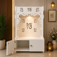 Ek-onkar Holy Symbol Floor Temple with Spacious Wooden Shelf & Inbuilt Focus Light- White Finish