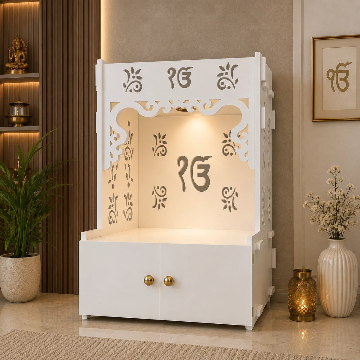 Ek-onkar Holy Symbol Floor Temple with Spacious Wooden Shelf & Inbuilt Focus Light- White Finish