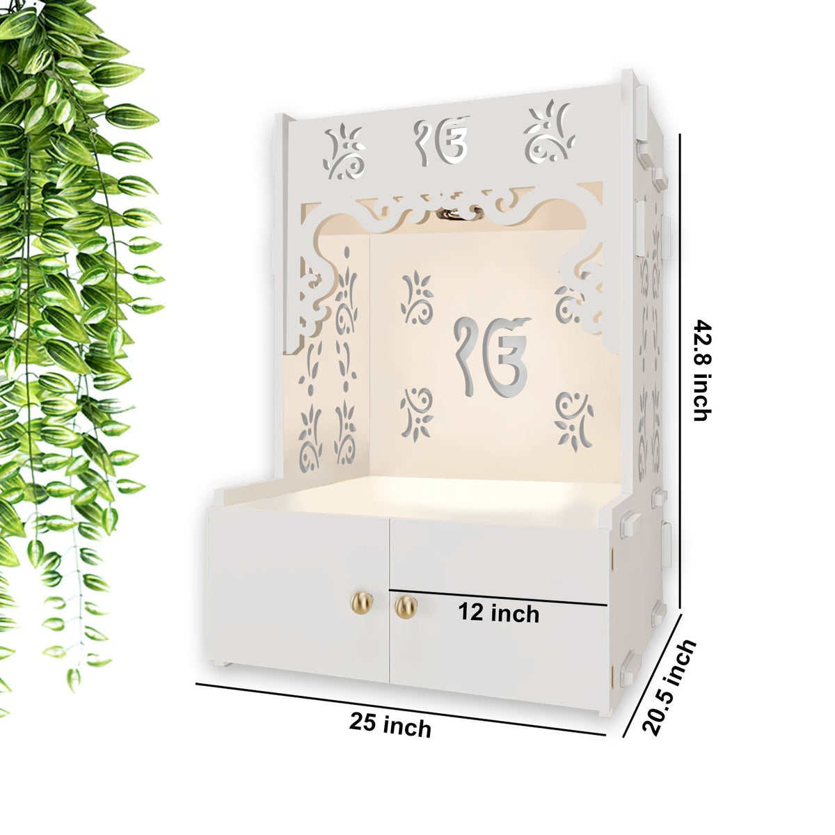 Ek-onkar Holy Symbol Floor Temple with Spacious Wooden Shelf & Inbuilt Focus Light- White Finish