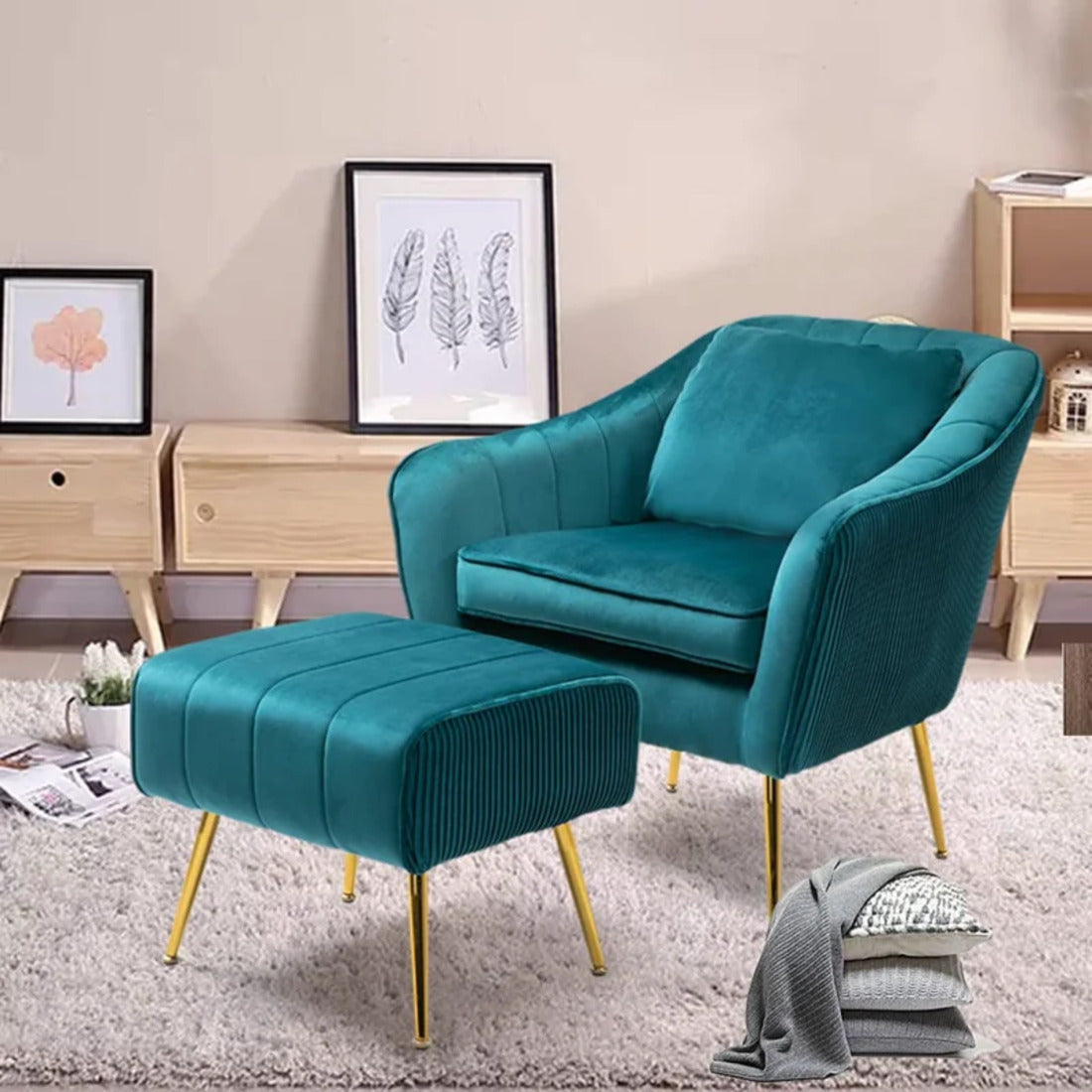 Emerald Fluffy Super Comfy Velvet Luxury Accent Chair with Footrest