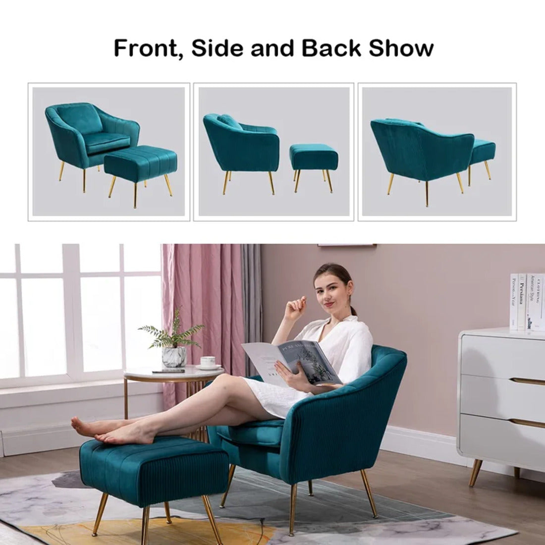 Emerald Fluffy Super Comfy Velvet Luxury Accent Chair with Footrest