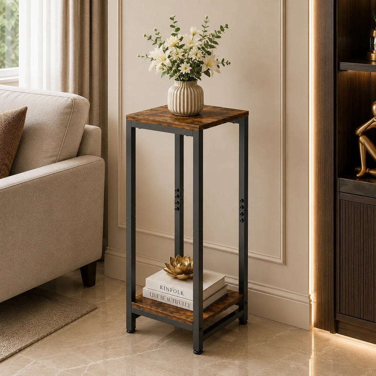 Enchanted Classic Wooden Textured with Metal Finish Side Table
