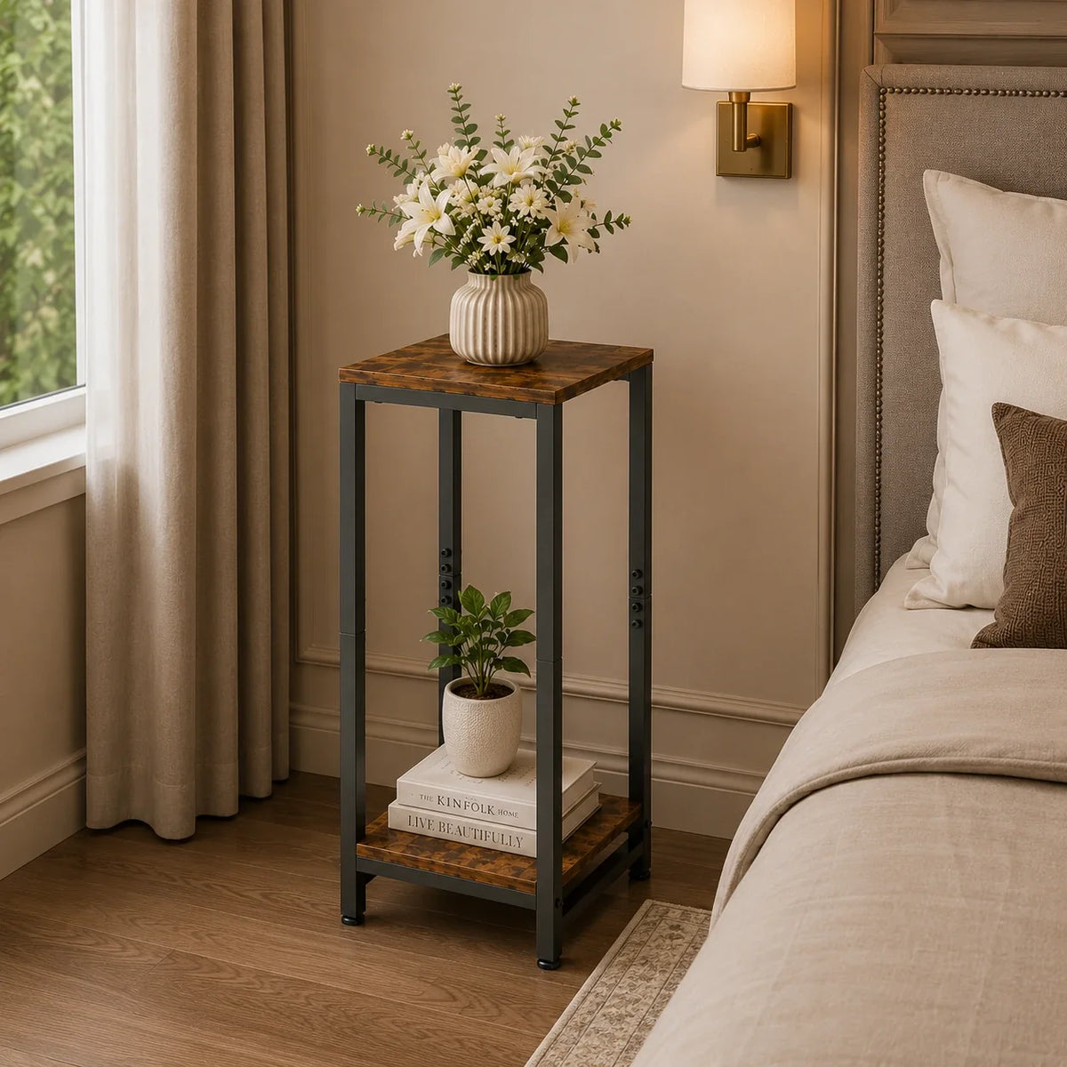 Enchanted Classic Wooden Textured with Metal Finish Side Table