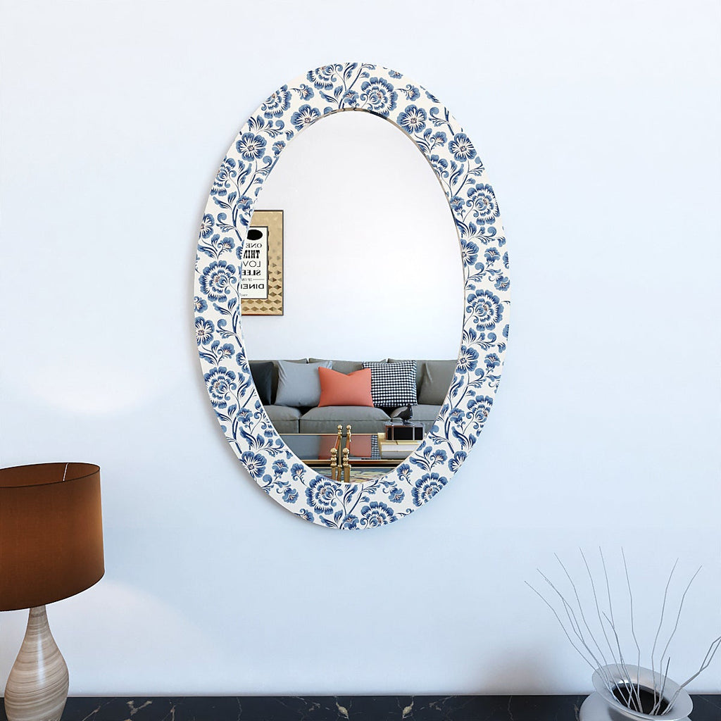 Enchanting Blue Flowers Oval Shaped Acrylic Wall Mirror