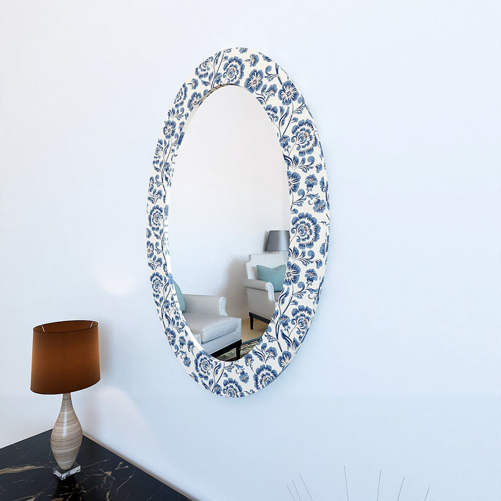 Enchanting Blue Flowers Oval Shaped Acrylic Wall Mirror
