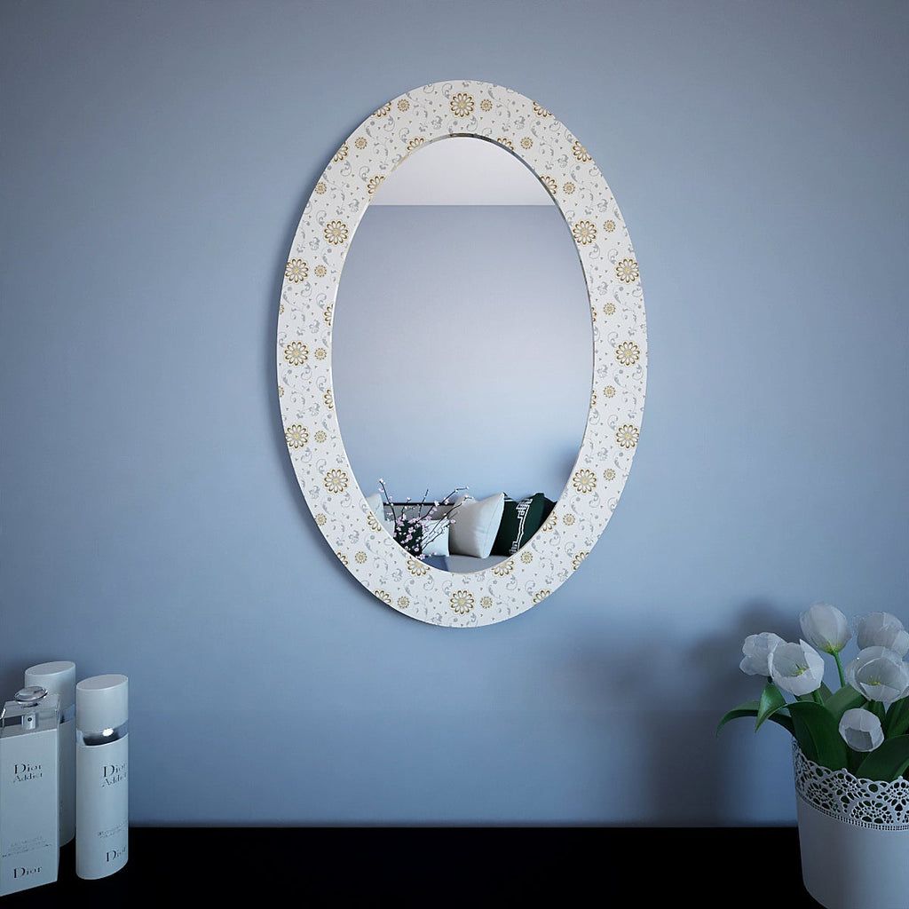 Enchanting White Floral Oval Shaped Acrylic Wall Mirror