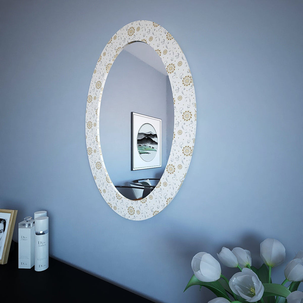 Enchanting White Floral Oval Shaped Acrylic Wall Mirror