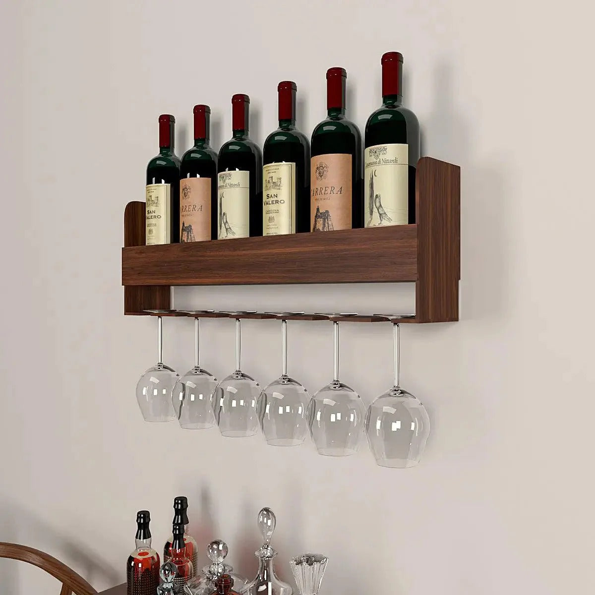 Engineered Wood Backlit Design Mini Bar Shelf in Walnut Finish