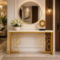 Exquisite Geometric White Faux Marble Robust And Enduring Frame Console Table