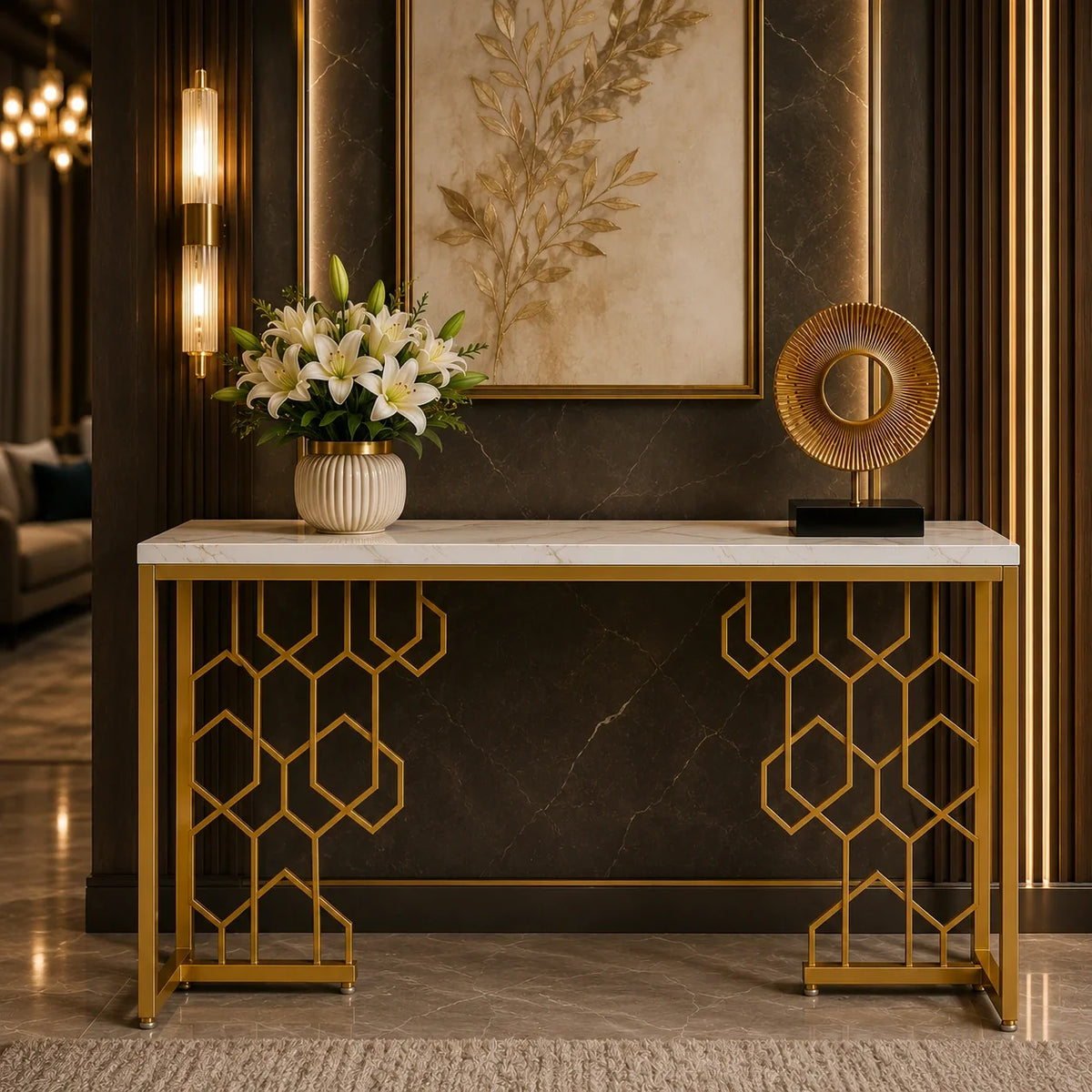 Exquisite Geometric White Faux Marble Robust And Enduring Frame Console Table