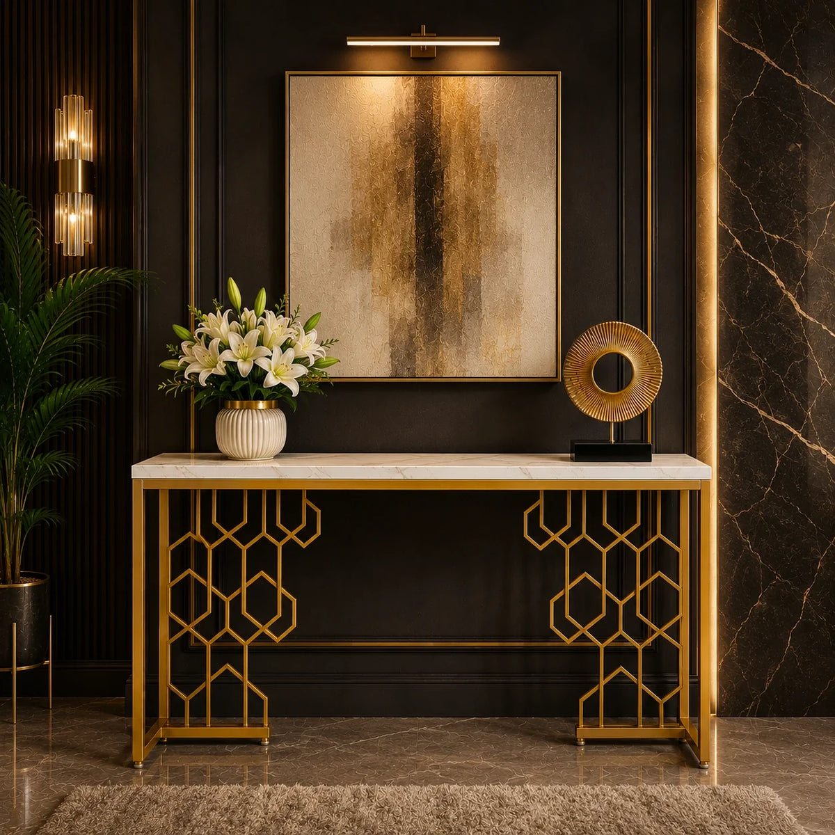 Exquisite Geometric White Faux Marble Robust And Enduring Frame Console Table