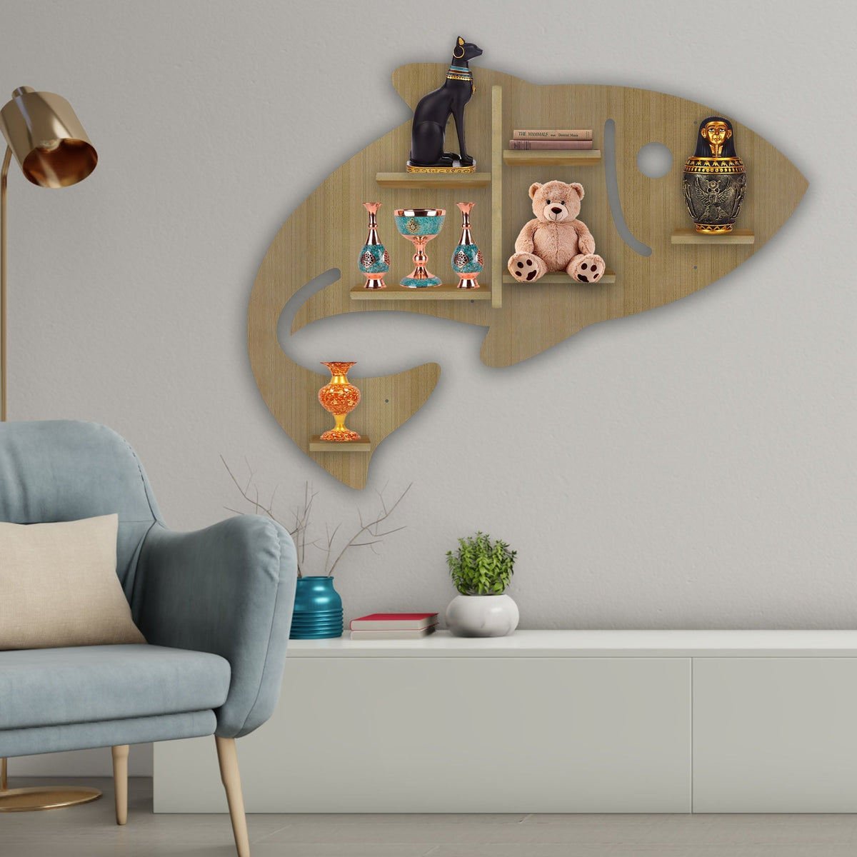 Fish Shape Wooden Wall Shelf LED Light Wall Shelf with Oak Finish