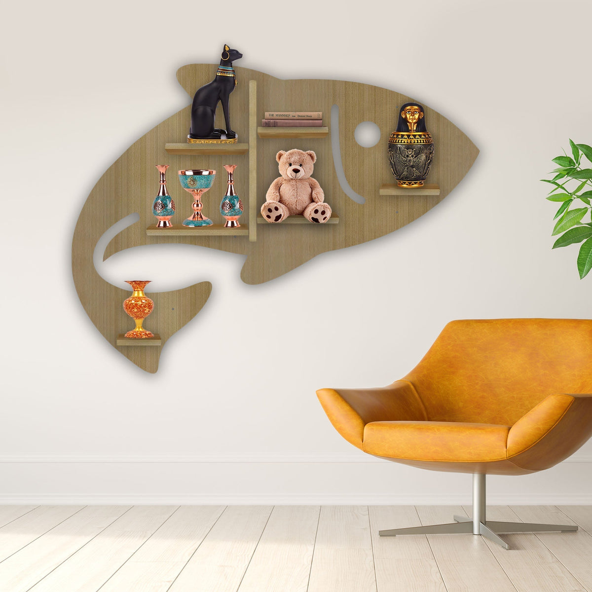 Fish Shape Wooden Wall Shelf LED Light Wall Shelf with Oak Finish