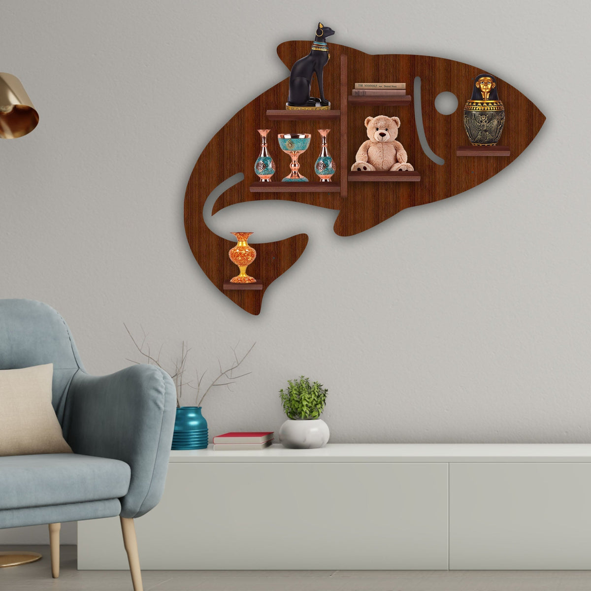Fish Shape Wooden Wall Shelf LED Light Wall Shelf with Walnut Finish