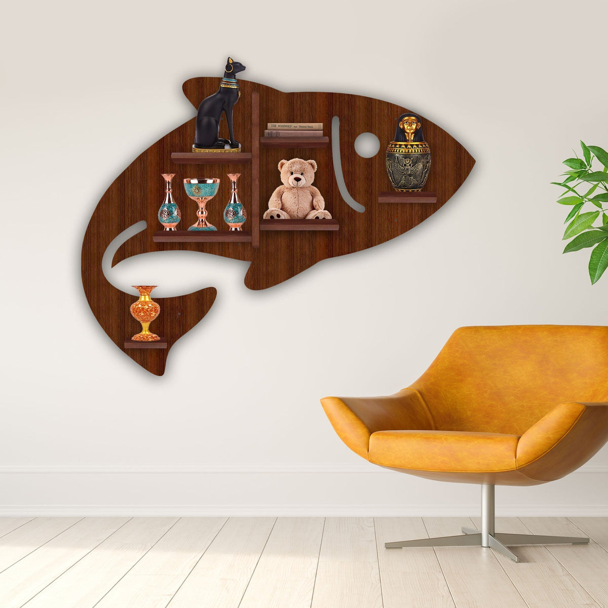 Fish Shape Wooden Wall Shelf LED Light Wall Shelf with Walnut Finish