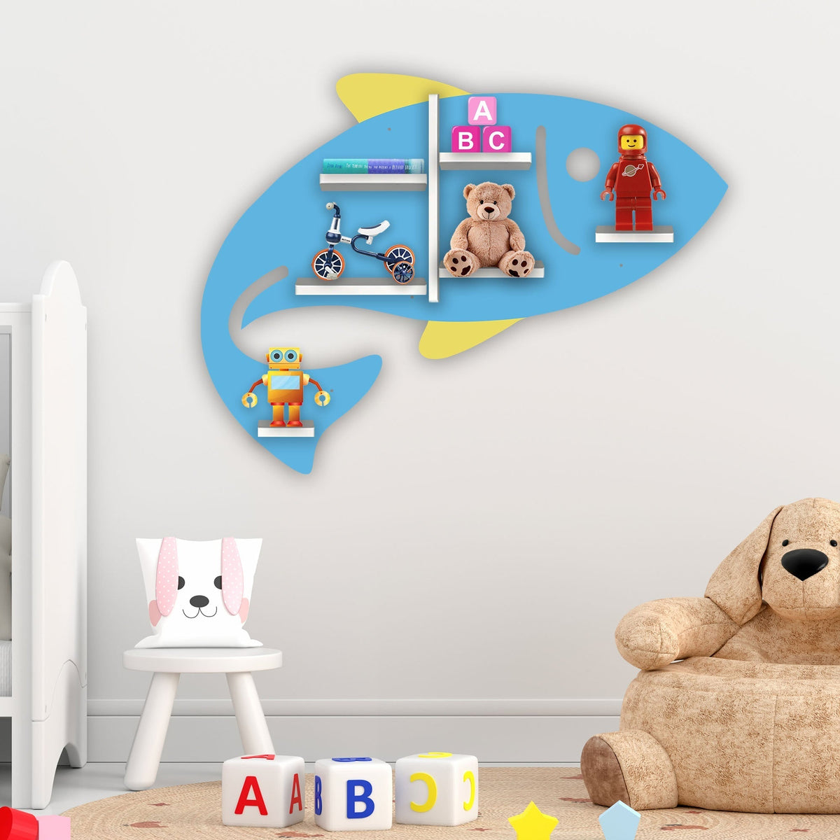 Fish Shape Wooden Wall Shelf with LED Light for Kids