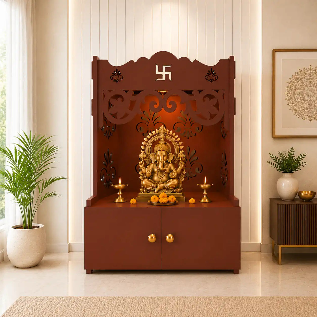 Floral Designer Pattern Floor Temple with Spacious Wooden Shelf & Inbuilt Focus Light- Brown Finish