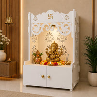 Floral Designer Pattern Floor Temple with Spacious Wooden Shelf & Inbuilt Focus Light- White Finish