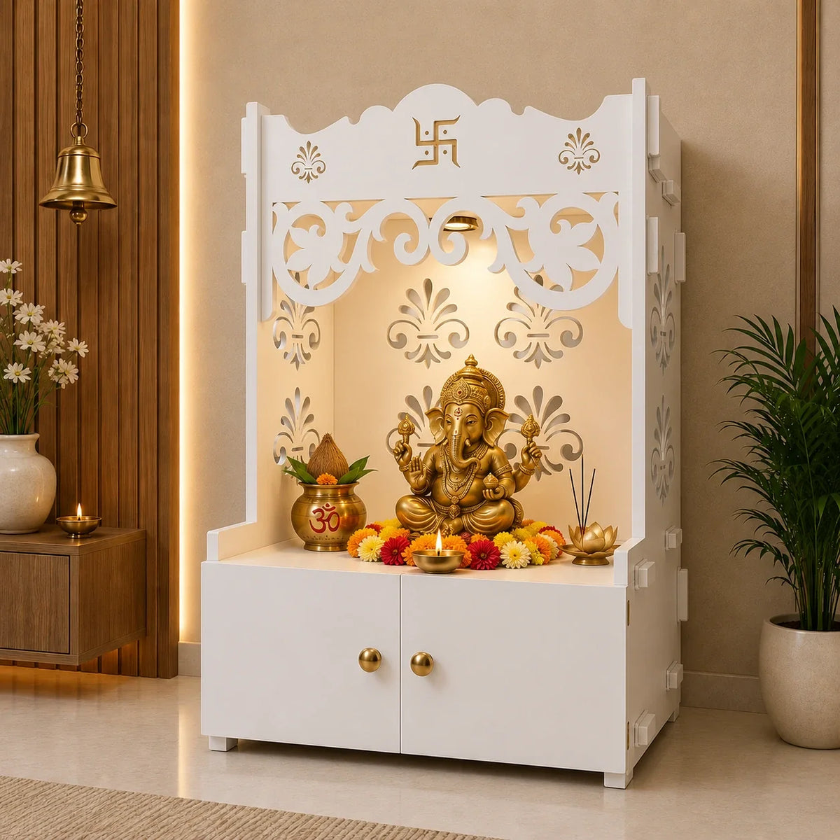 Floral Designer Pattern Floor Temple with Spacious Wooden Shelf & Inbuilt Focus Light- White Finish