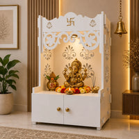 Floral Designer Pattern Floor Temple with Spacious Wooden Shelf & Inbuilt Focus Light- White Finish