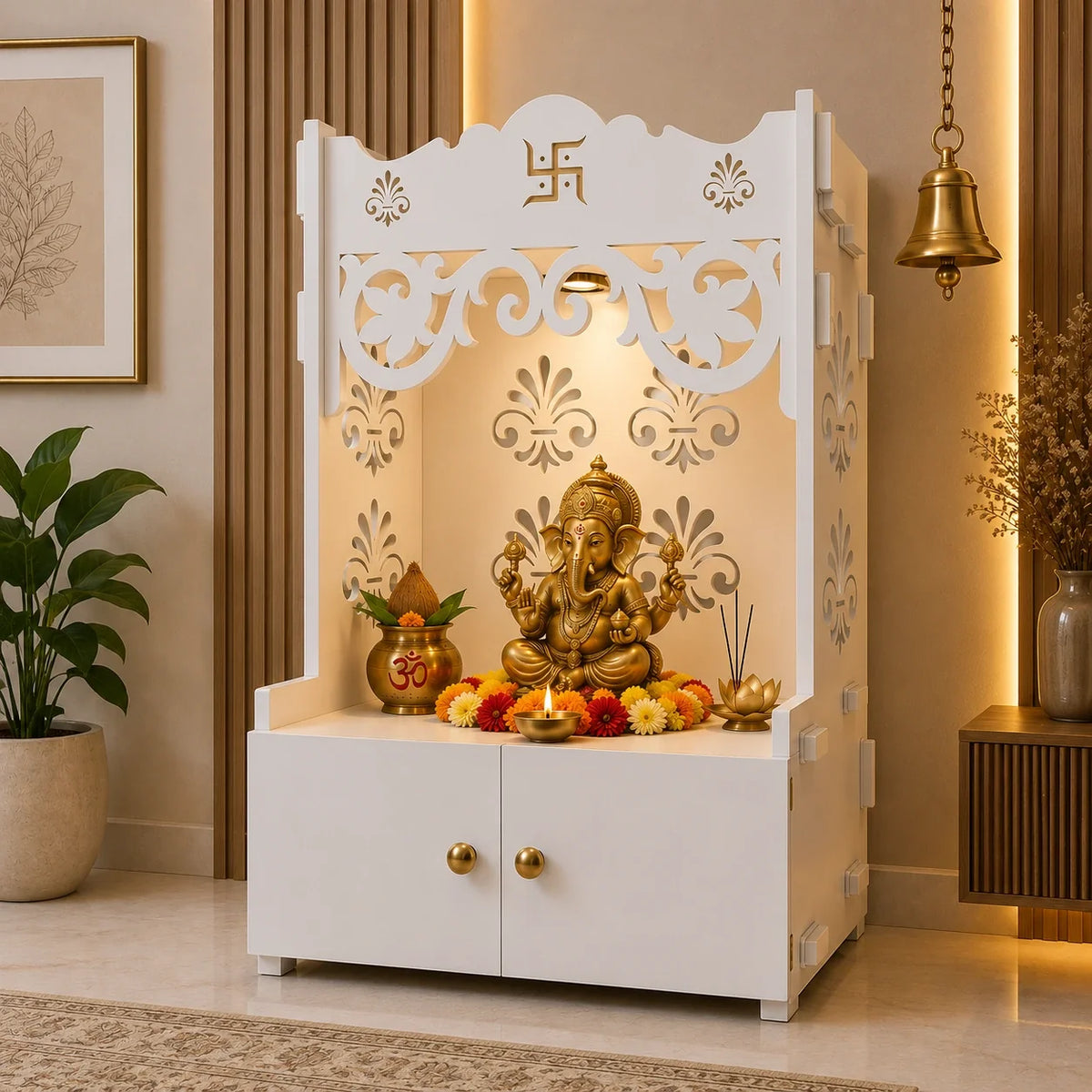 Floral Designer Pattern Floor Temple with Spacious Wooden Shelf & Inbuilt Focus Light- White Finish