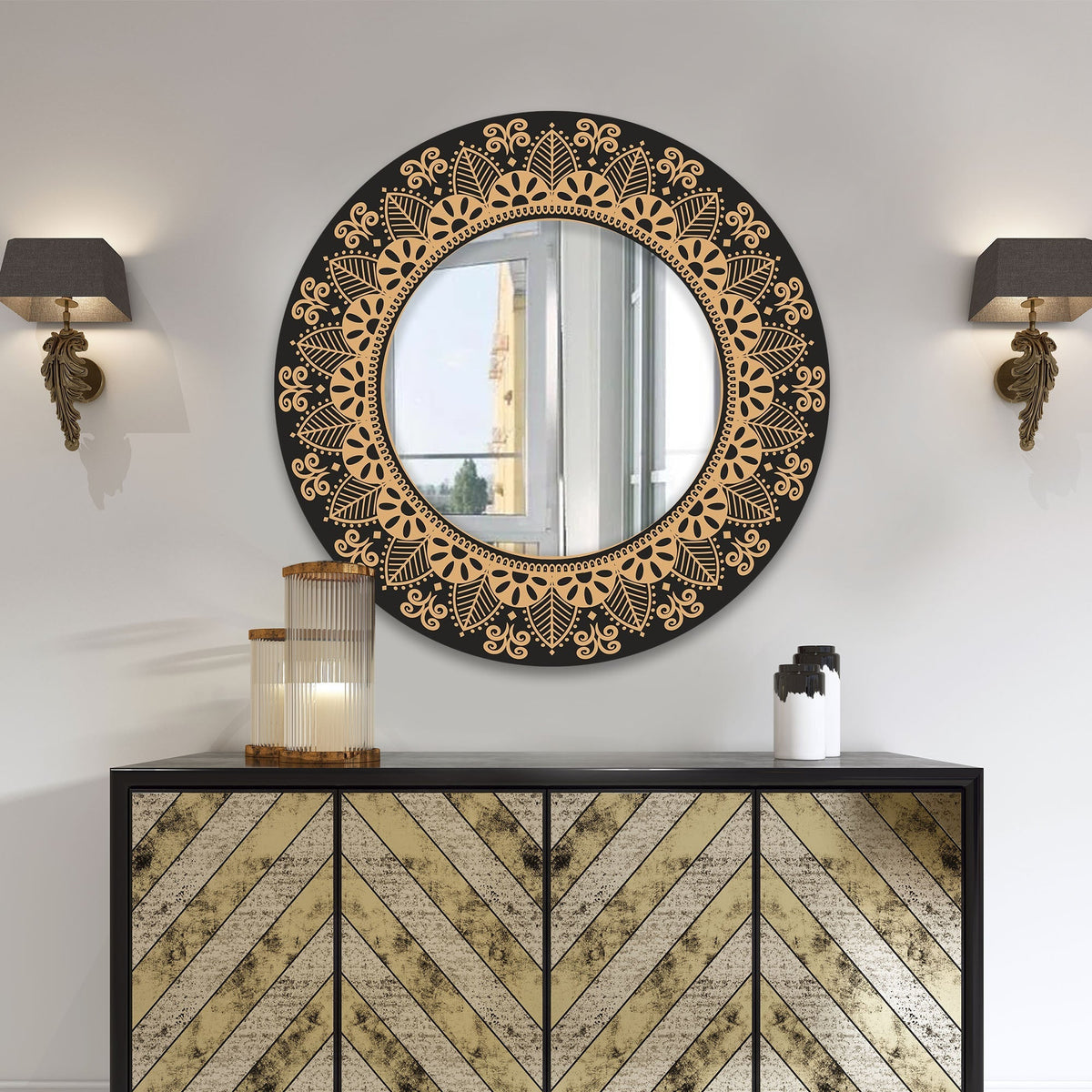 Floral Mandala Design Art Round Printed Acrylic Wall Mirror