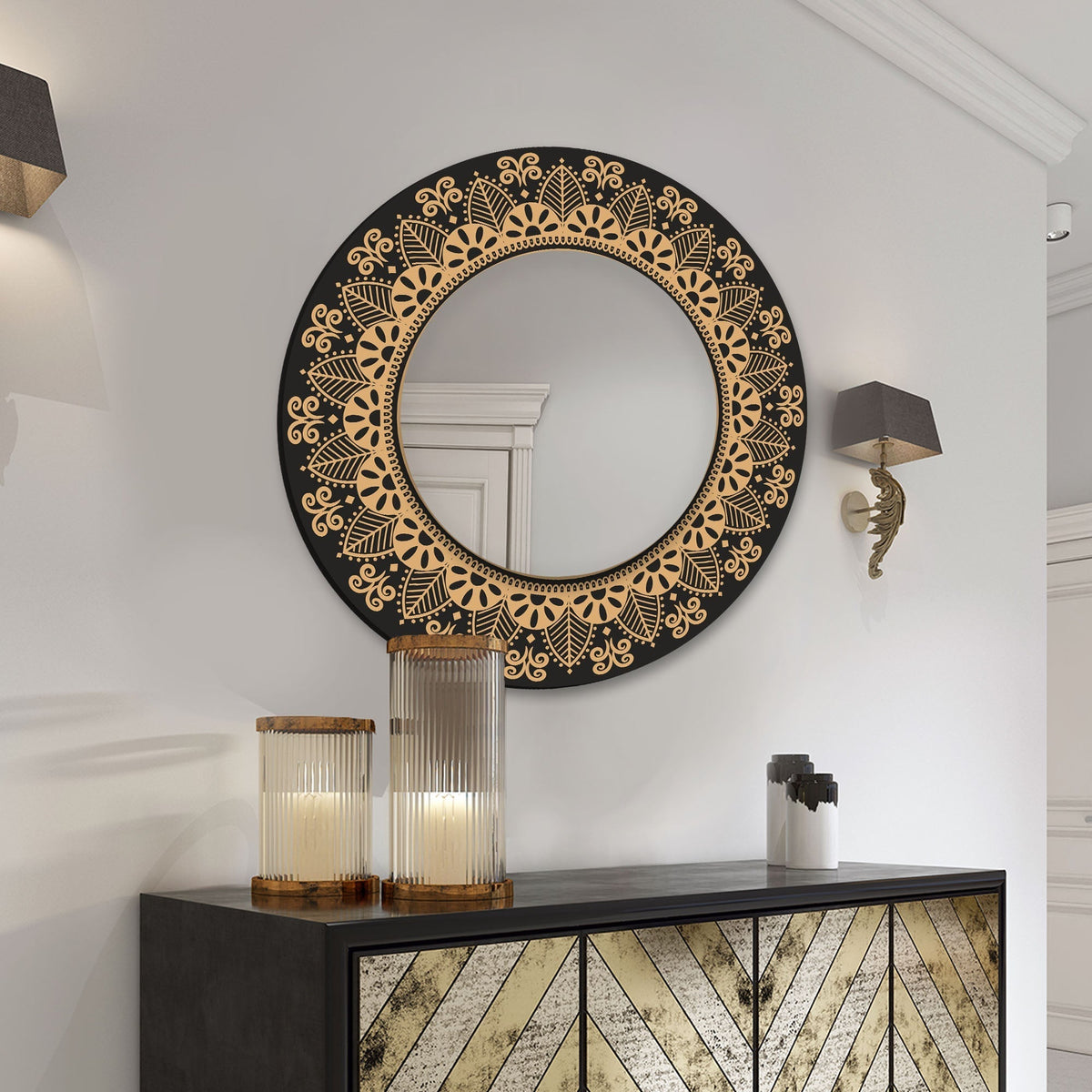 Floral Mandala Design Art Round Printed Acrylic Wall Mirror