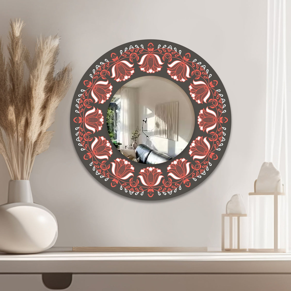Floral Red Flower Designer Art Printed Acrylic Wall Mirror
