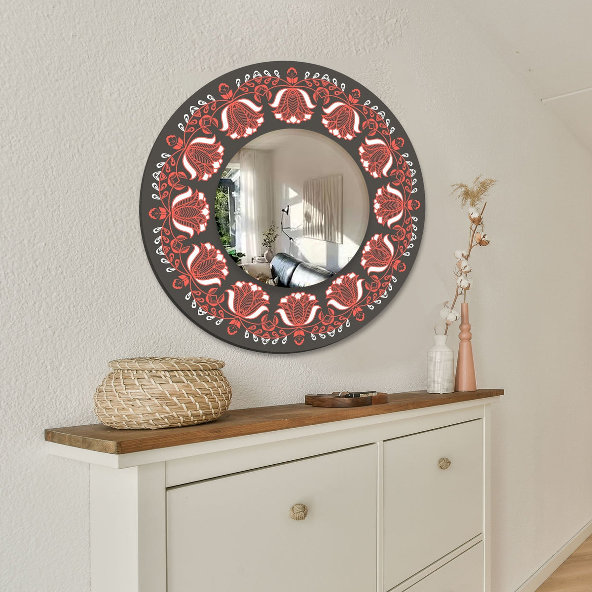 Floral Red Flower Designer Art Printed Acrylic Wall Mirror