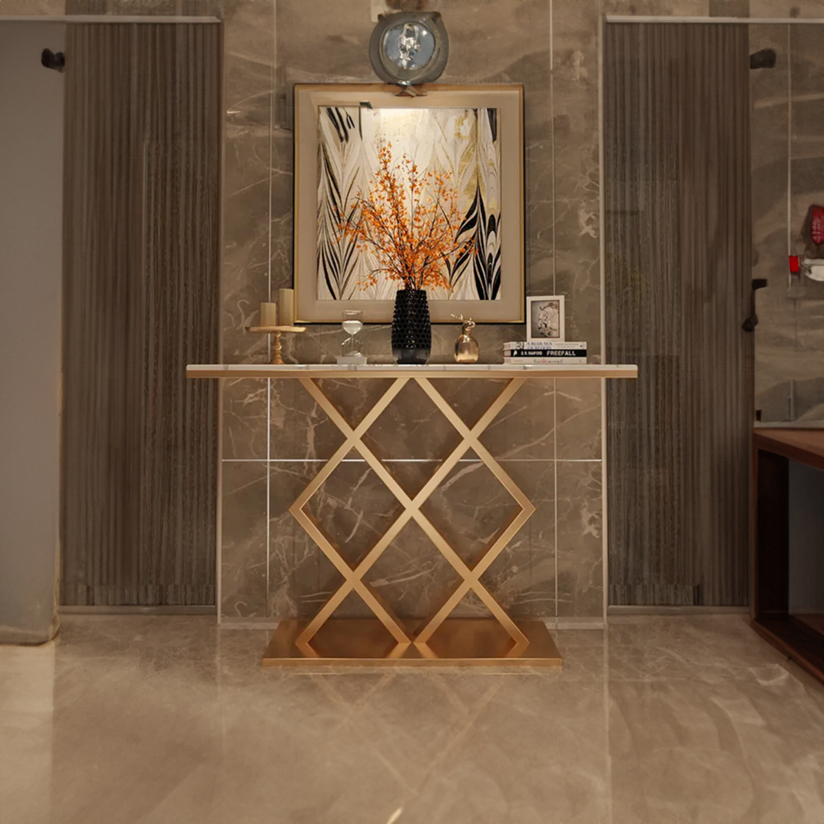 Geometric Criss Cross Pattern Contemporary Console Table