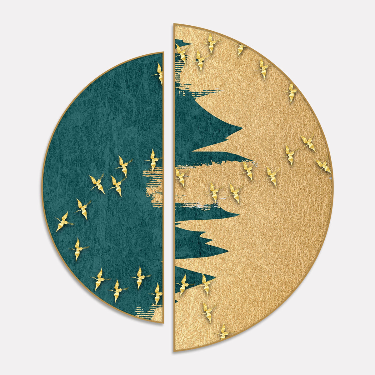 Golden Birds Flying Luxurious Art Semi Circle Frames Set Of 2