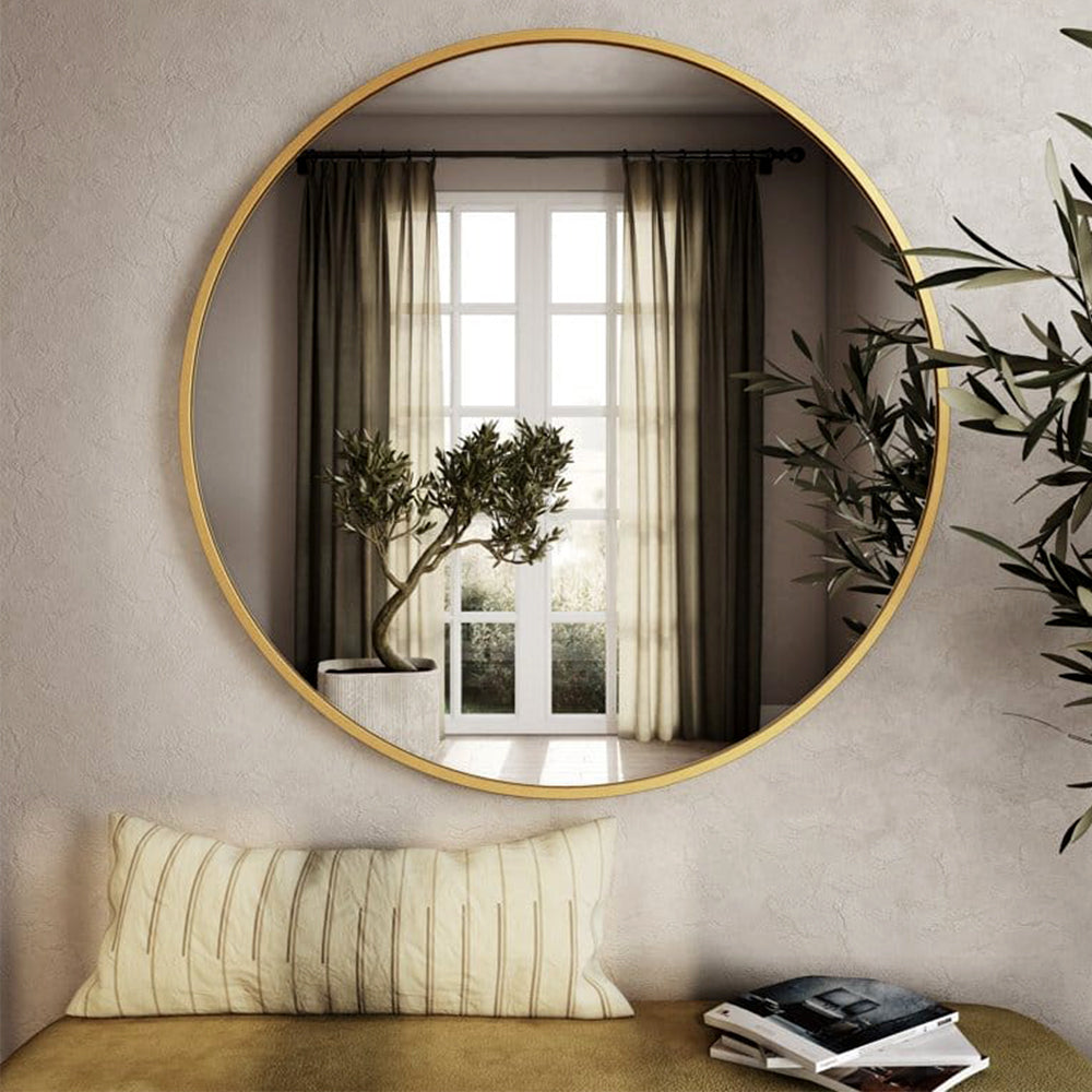 Golden Bordered Round Wall Mirror