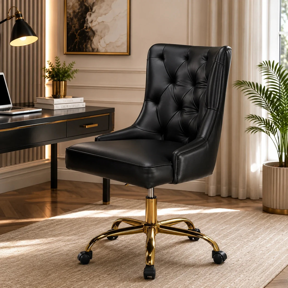 Golden Button Edge Black Leatherette Premium Armchair