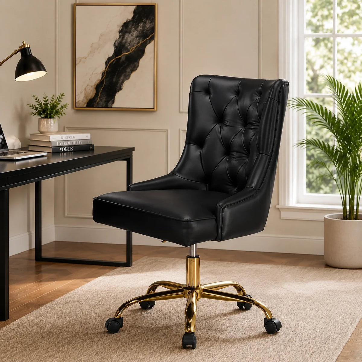 Golden Button Edge Black Leatherette Premium Armchair