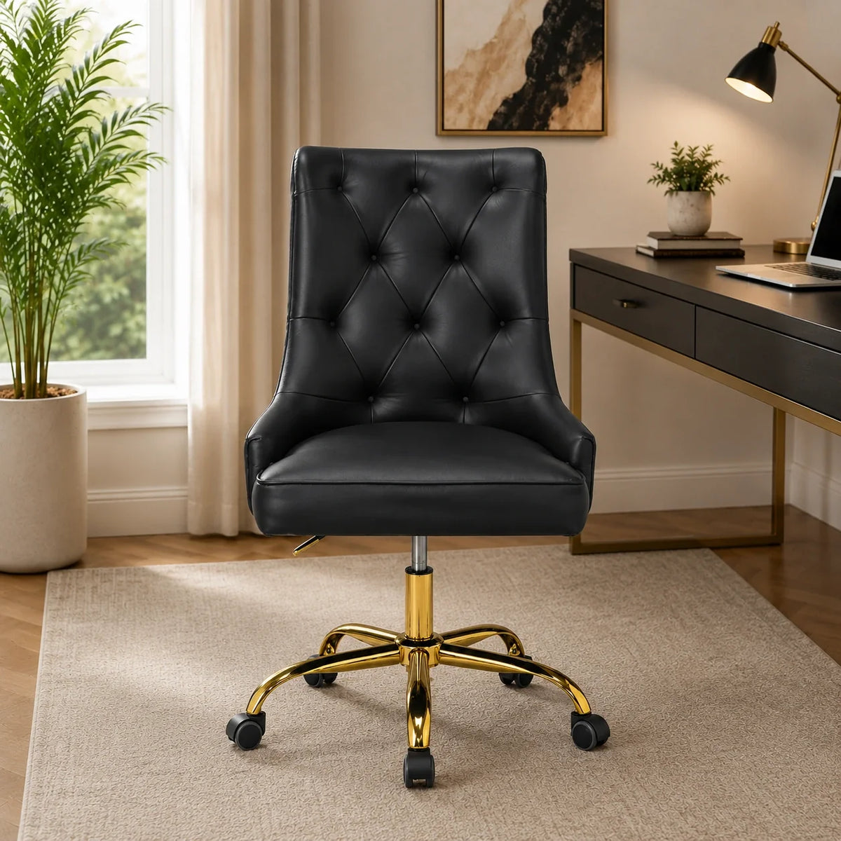 Golden Button Edge Black Leatherette Premium Armchair