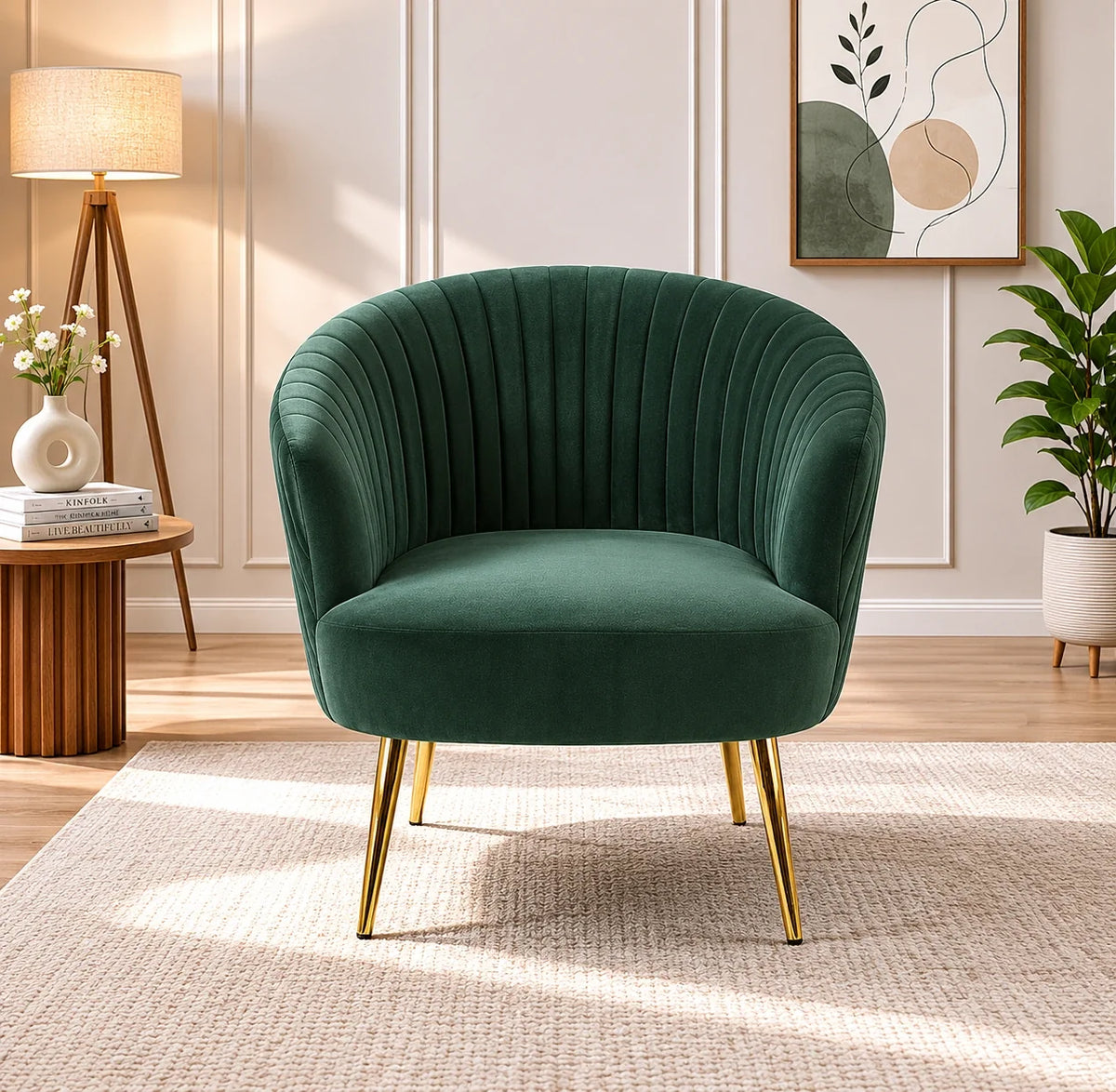 Green Cocooned Pattern Velvet Accent Chair