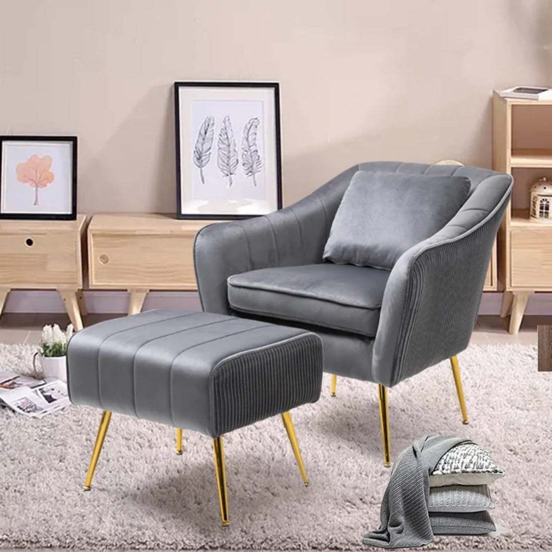 Grey Fluffy Super Comfy Velvet Luxury Accent Chair with Footrest