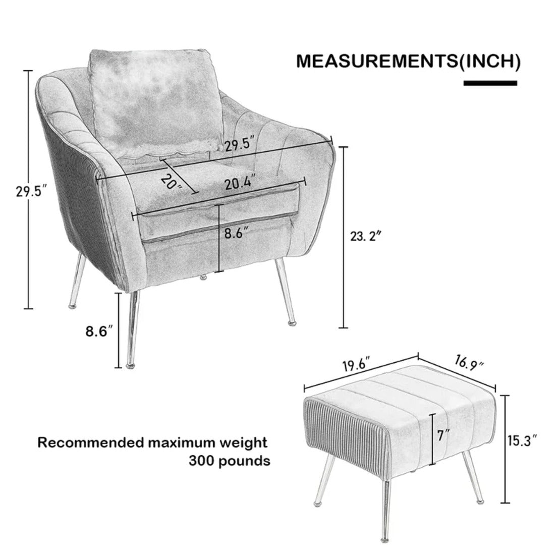 Grey Fluffy Super Comfy Velvet Luxury Accent Chair with Footrest