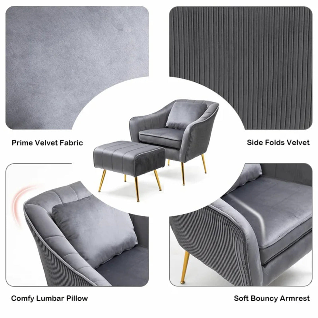 Grey Fluffy Super Comfy Velvet Luxury Accent Chair with Footrest