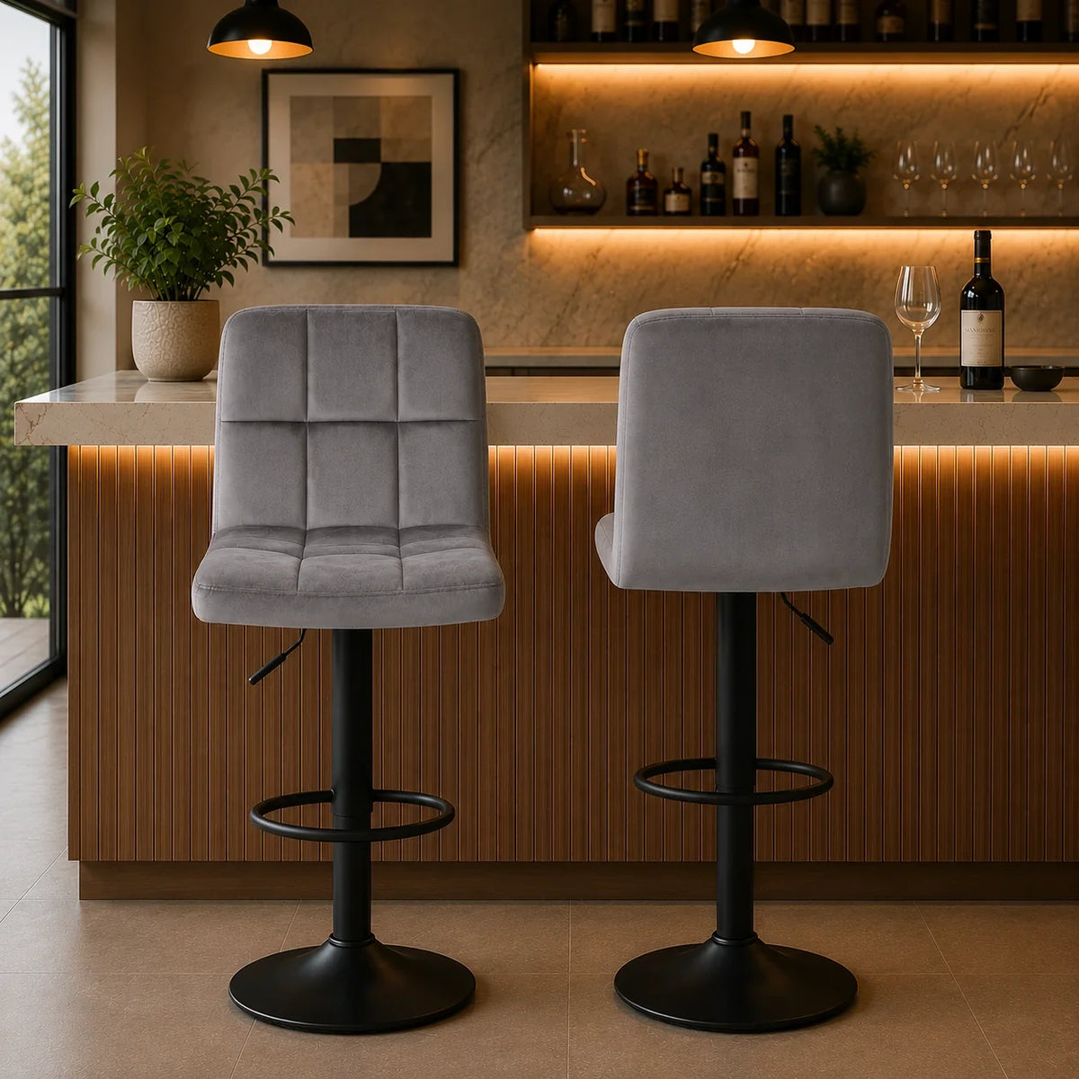 Grey Luxury Feel Velvet Counter Bar Chair / Long Chair