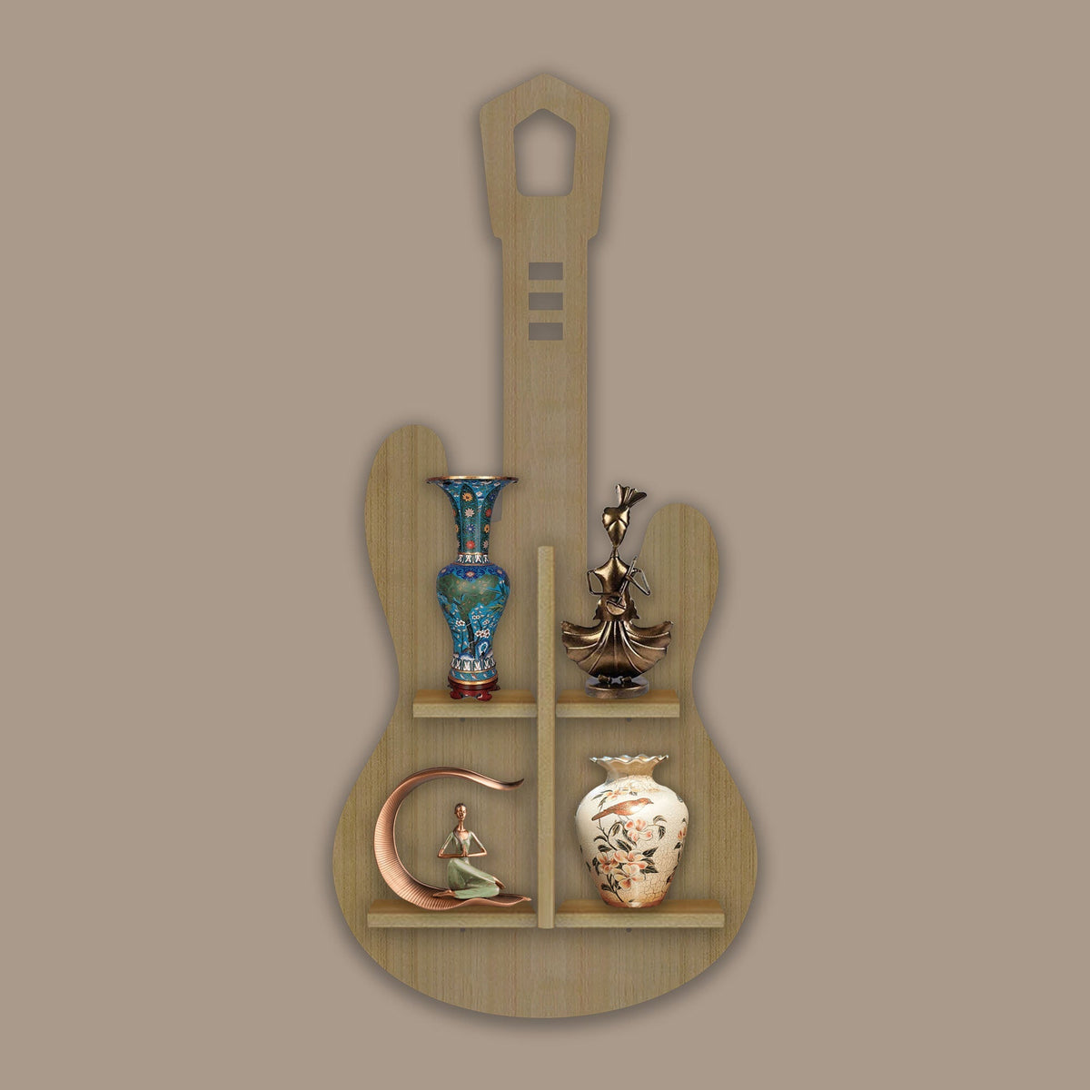 Guitar Shape Wooden Wall Shelf LED Light Wall Shelf with Oak Finish
