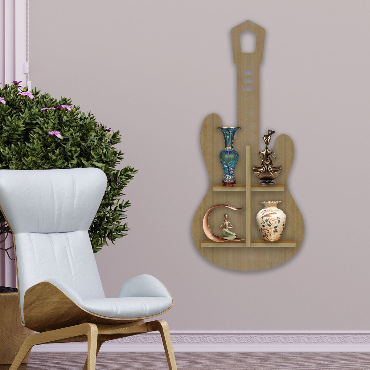 Guitar Shape Wooden Wall Shelf LED Light Wall Shelf with Oak Finish